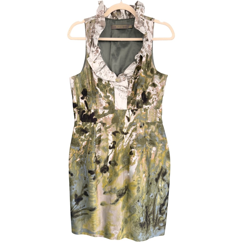 C1 Melonie T Sheath Dress Abstract Botanical Ruffle Olive Green Sleeveless